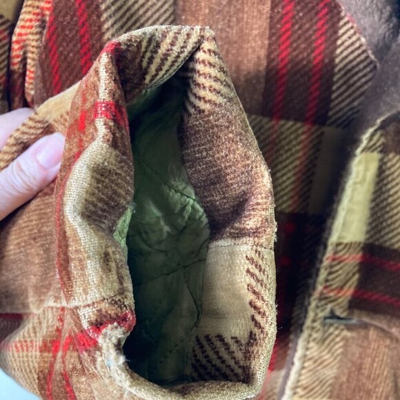 Mens Vintage 70s Plaid Corduroy Faux‎ Fur Jacket Thrashed Brown Red M Flaw - Picture 6 of 12